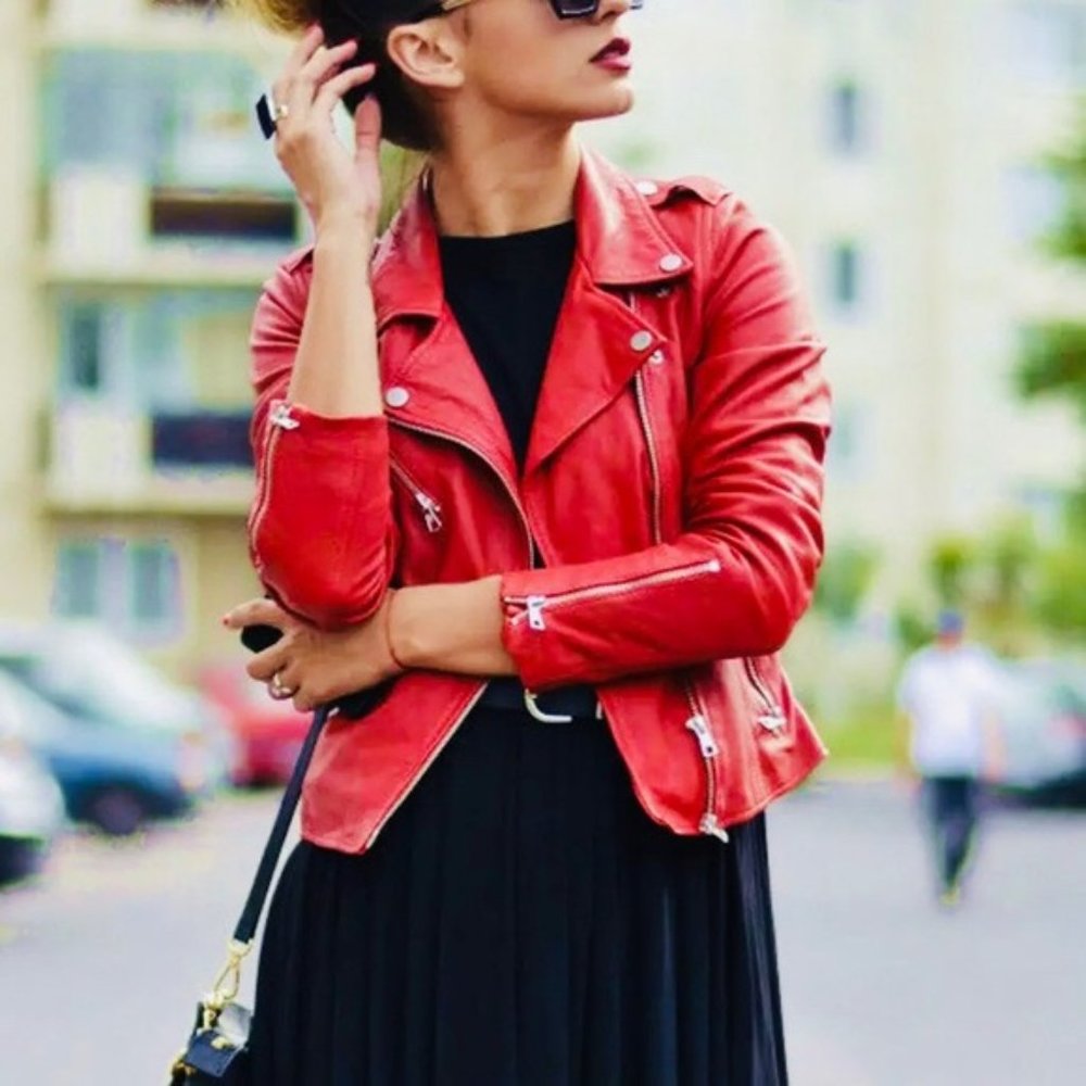 Zara Intense Red Faux Leather Biker Jacket